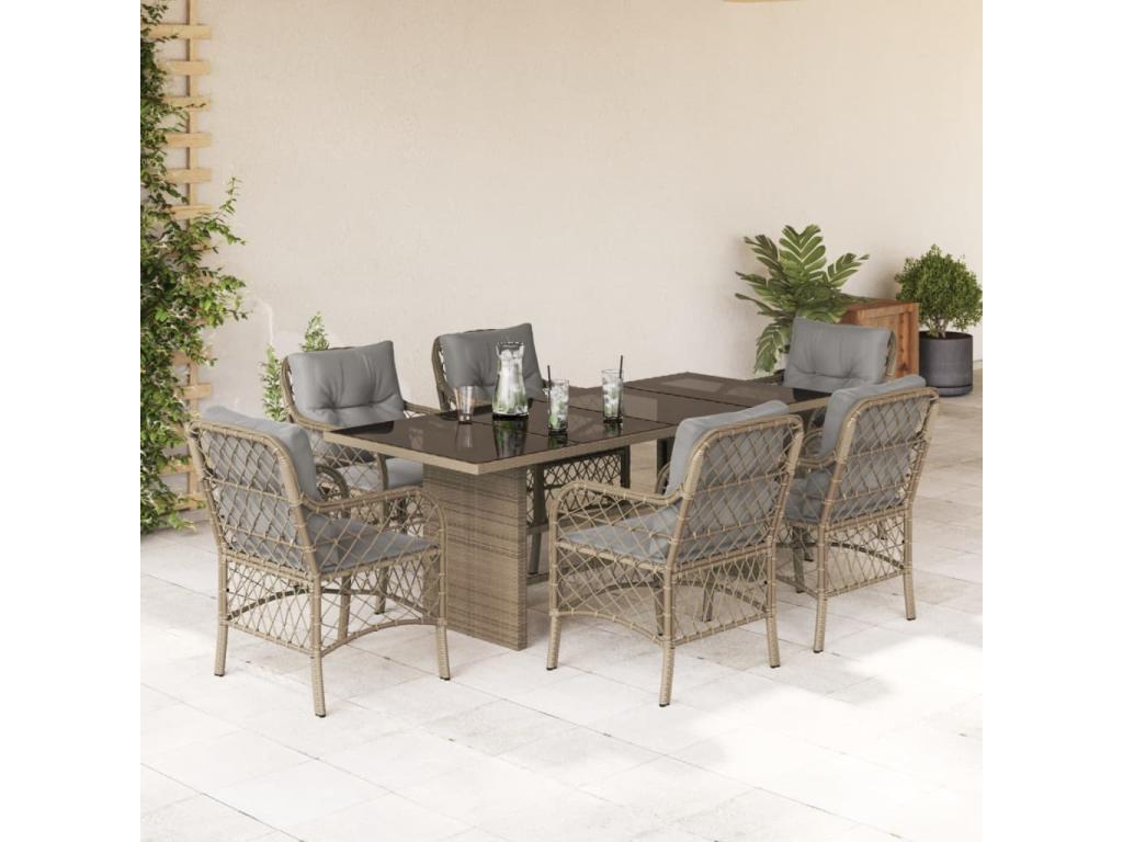 7-piece garden dining set with cushions, meElariva beige rattan NBCT90126