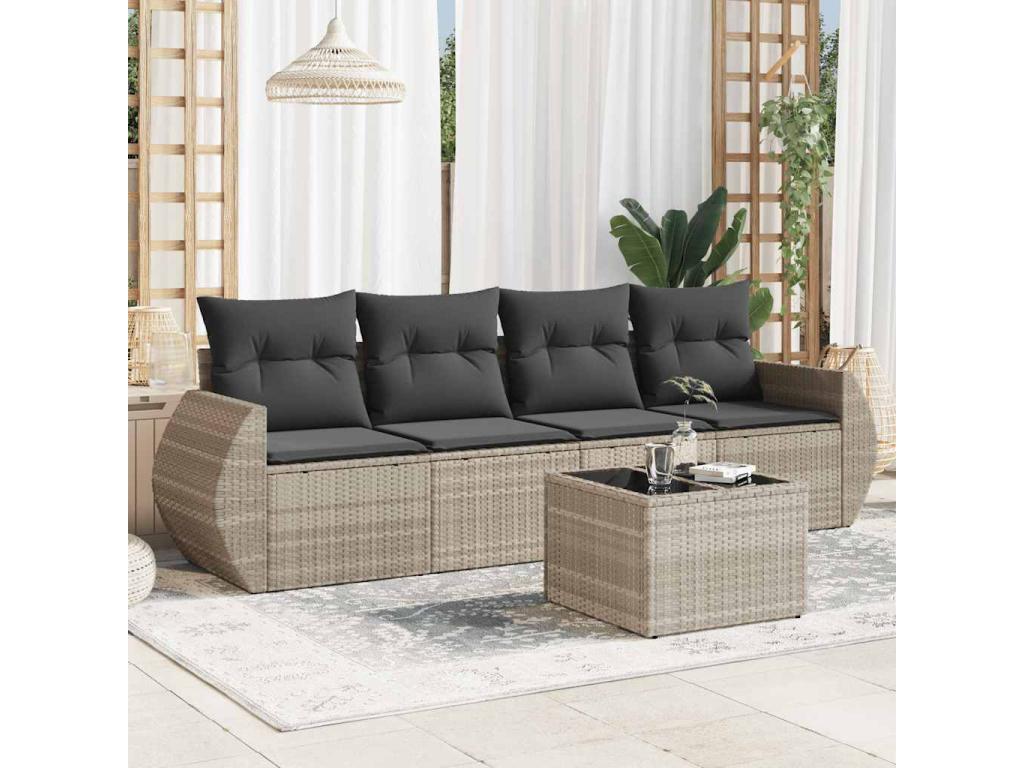 5-piece garden furniture set with light grey cushions, woven resin IAYF75052