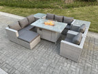 Rattan garden furniture set including gas fire pit table, sofa with 2 armchairs, 2 side tables, and stools, light grey, JYLI33592