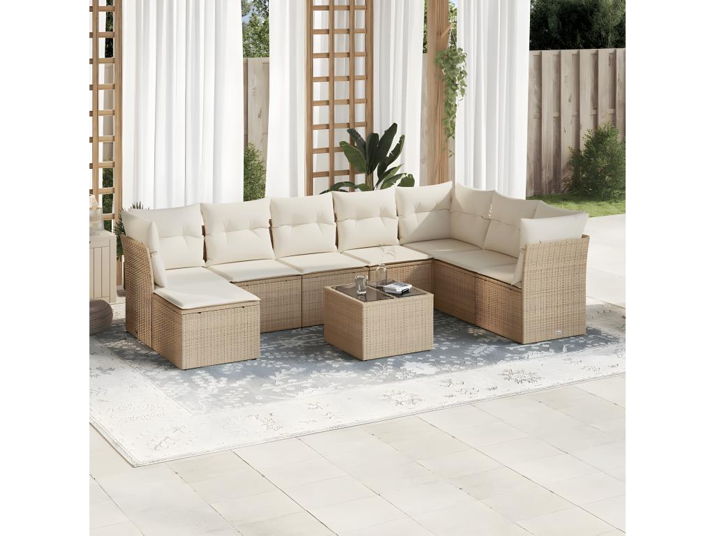 9-piece garden furniture set with cushions, beige woven resin, UJZC96748