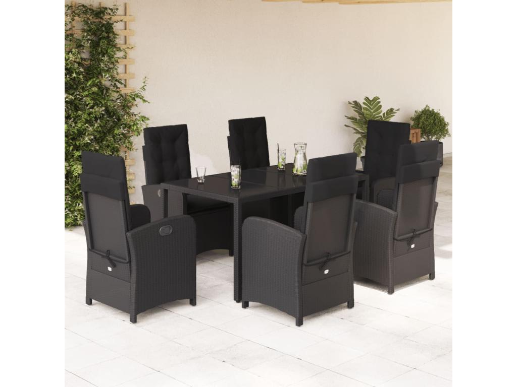 7-Piece Garden Dining Set with Cushions, Black Wicker Resin DQRM78343