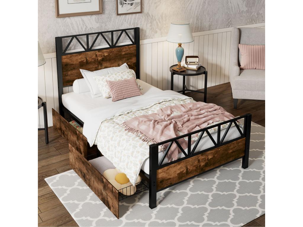 90x200cm metal bed with two drawers and vintage wood finish. Zensova Walnut MDF metal. Mattress not included. POMH31835