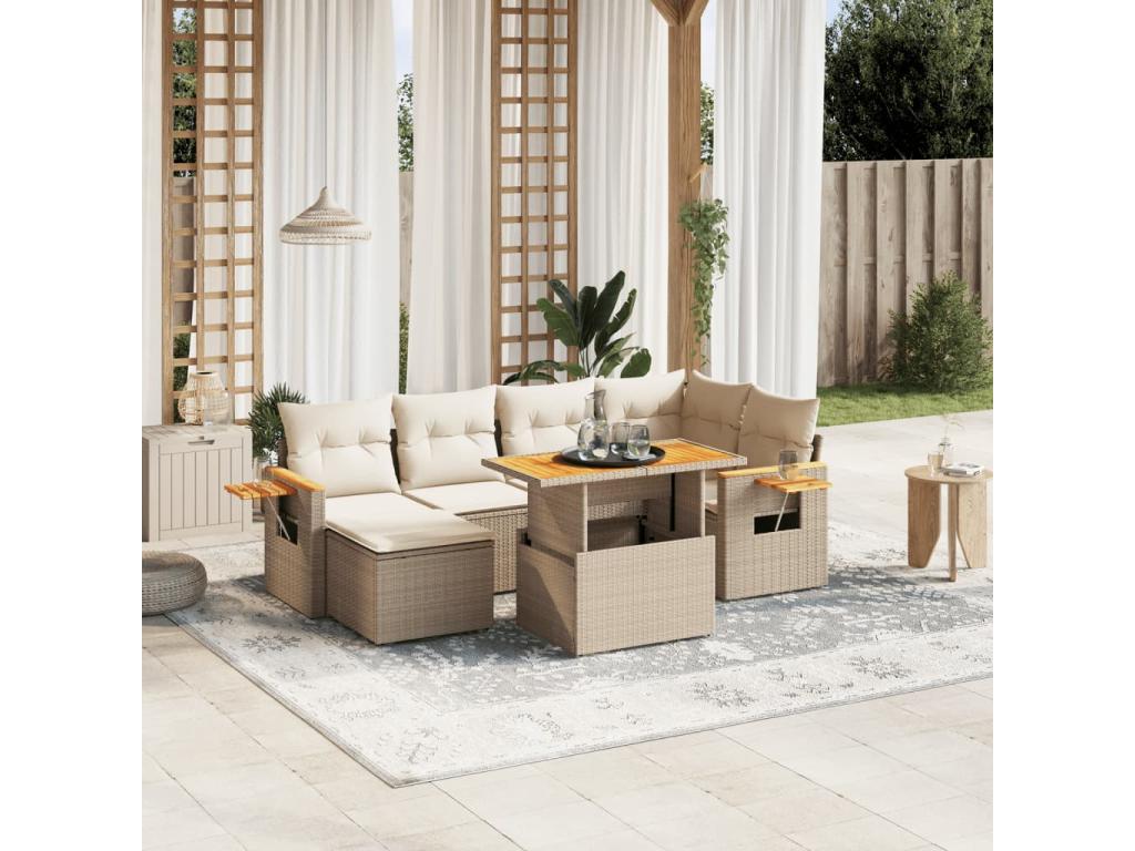 7-piece garden furniture set with cushions, beige woven resin YWOP27730