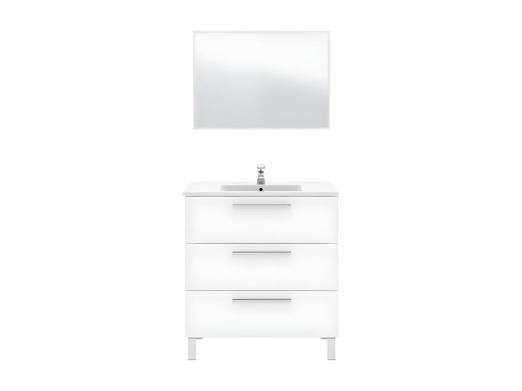 Vanity unit with 3 drawers, 80 cm wide, with sink and mirror, white - Zensova MLWU19296