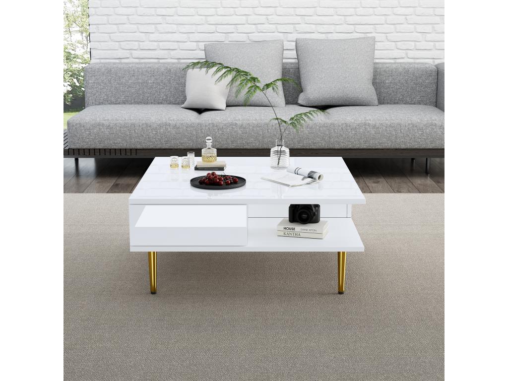 Square coffee table with 2 drawers and 2 open compartments - 70x70x36 cm - Gold legs - Glossy white EDYH55776