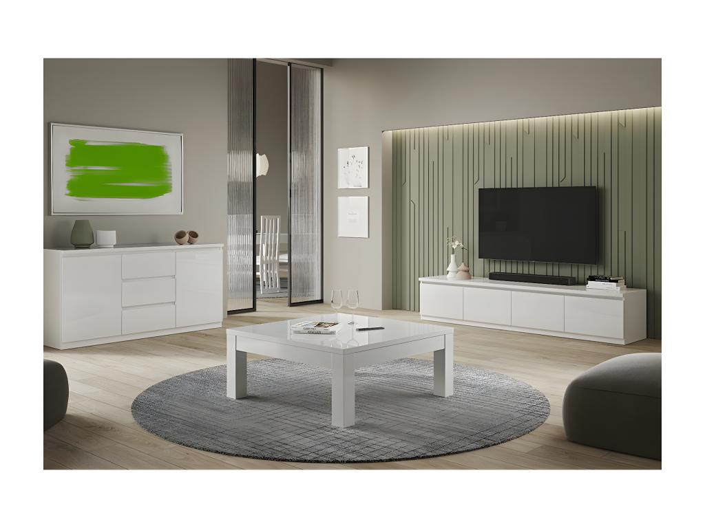 Zensova - White Lacquered Living Room Set: 4-Door TV Stand, Square Coffee Table, Sideboard MTAH99620