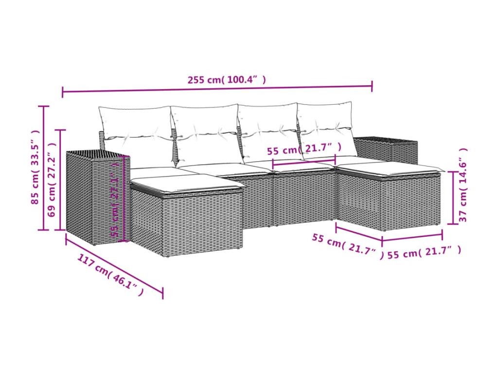 6-piece garden furniture set with grey resin wicker cushions JGYW14163