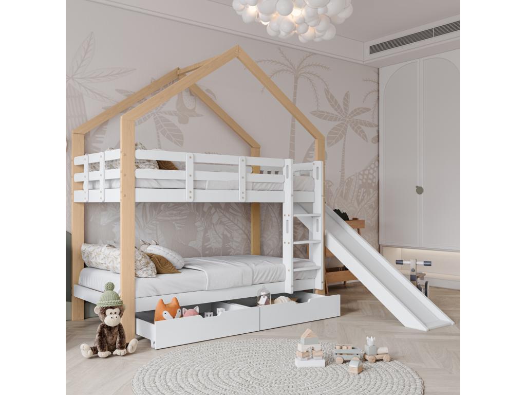 Bunk bed 90x200 cm for 2 sleeping spaces - cabin bed with slide and corner access ladder with 3 steps, 2 solid wood drawers - natural white GLRO76080
