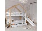 Bunk bed 90x200 cm for 2 sleeping spaces - cabin bed with slide and corner access ladder with 3 steps, 2 solid wood drawers - natural white GLRO76080