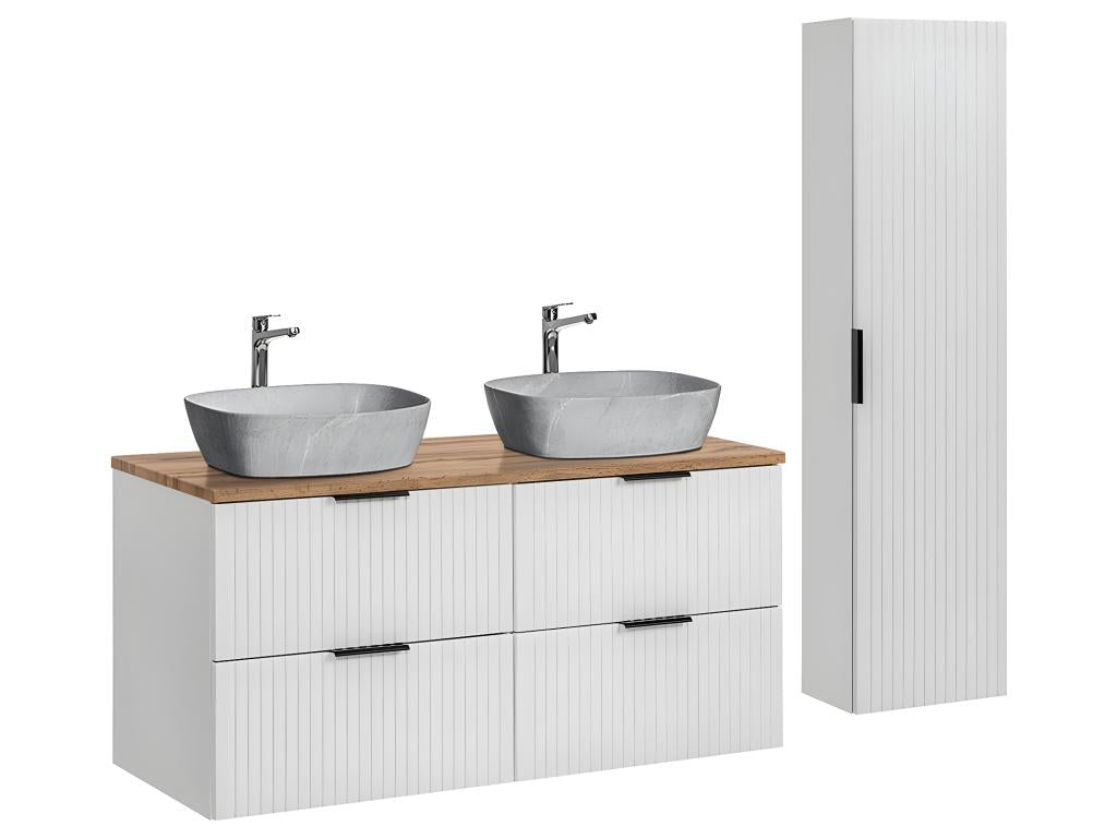 Double vanity unit set 120cm and tall cabinet, White and Stone effect QEFH21308