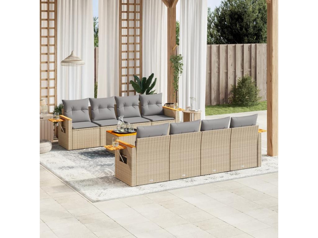 9-piece garden furniture set with cushions, beige woven resin, ADZD95535