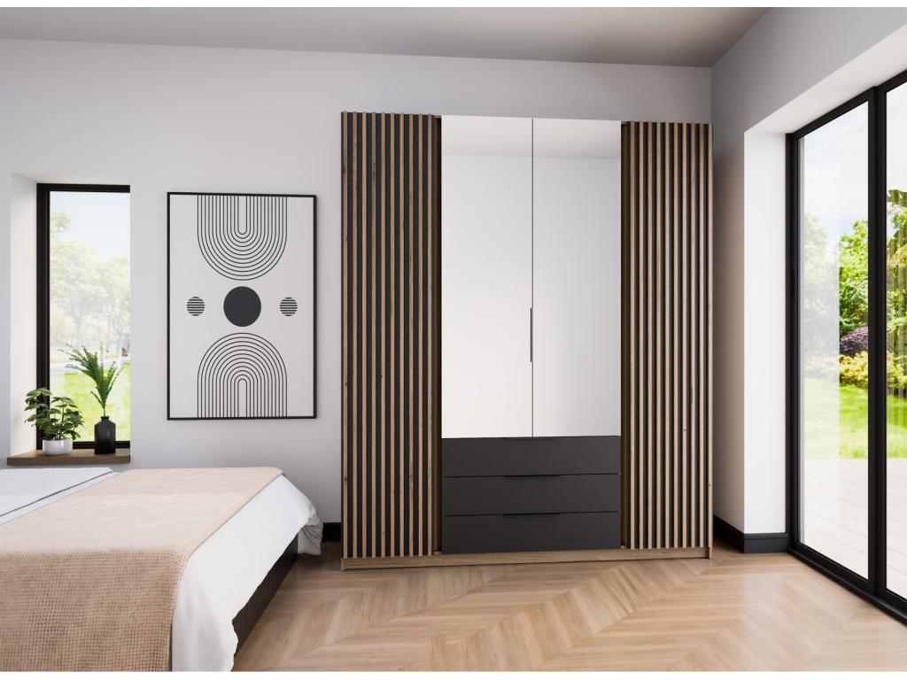 Wardrobe with mirrored slats and 3 drawers - 200 cm - Zensova / oak Zensova ZCUT50501