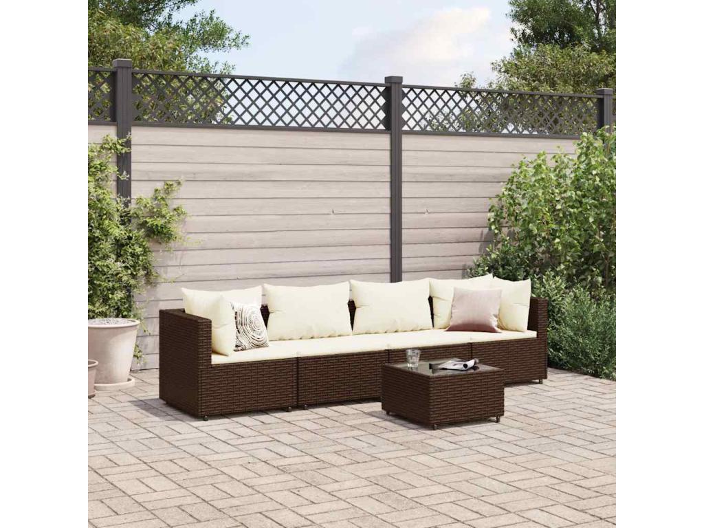 5-piece garden furniture set with cushions, brown woven resin, TYQB11050