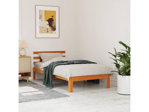 Bed frame without mattress, brown wax finish, 90x200 cm, solid pine wood, IJTB03806