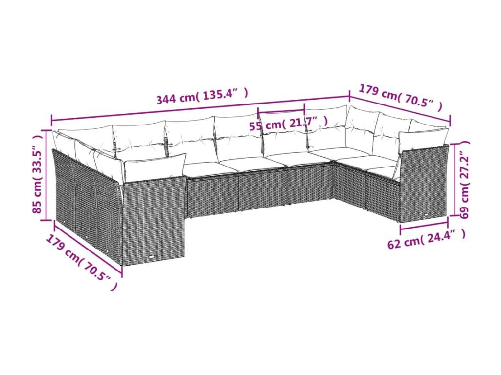Garden furniture set with cushions, 10 pieces, beige woven resin FUDX94415
