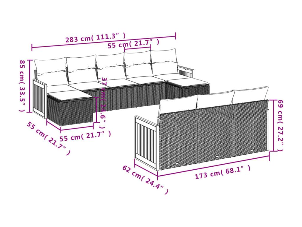 Garden furniture set with cushions, 10 pieces, grey woven resin, PIBA49787