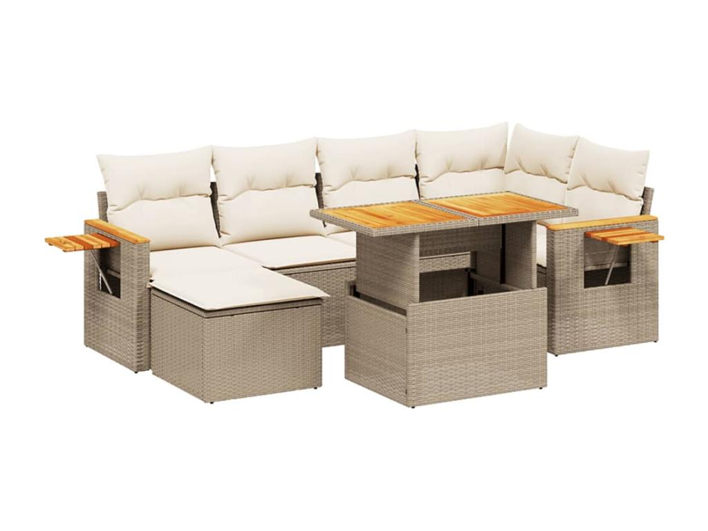7-piece garden furniture set with cushions, beige woven resin YWOP27730