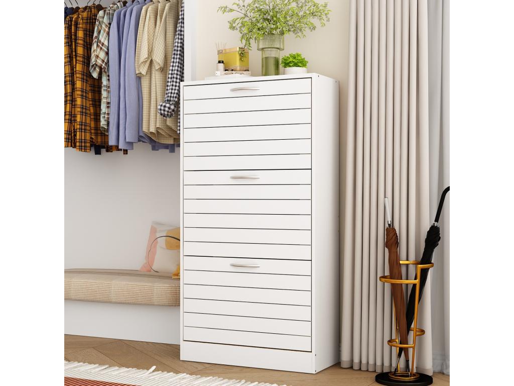 Shoe cabinet, entryway cabinet with 3 drop-down doors, holds 16 pairs of shoes, living room, 40.5x15x121cm, White, PLAC82380