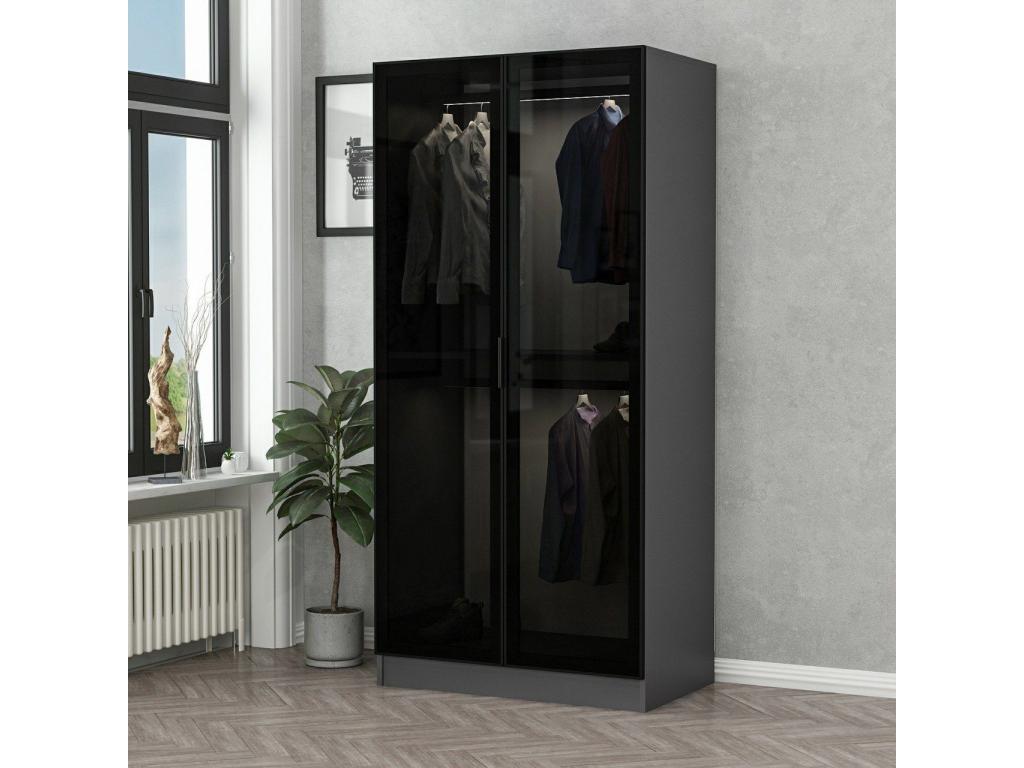 Wardrobe with 2 doors, smoked glass, black, W90xH210cm, 2 hanging rails, anthracite, OJLY58517