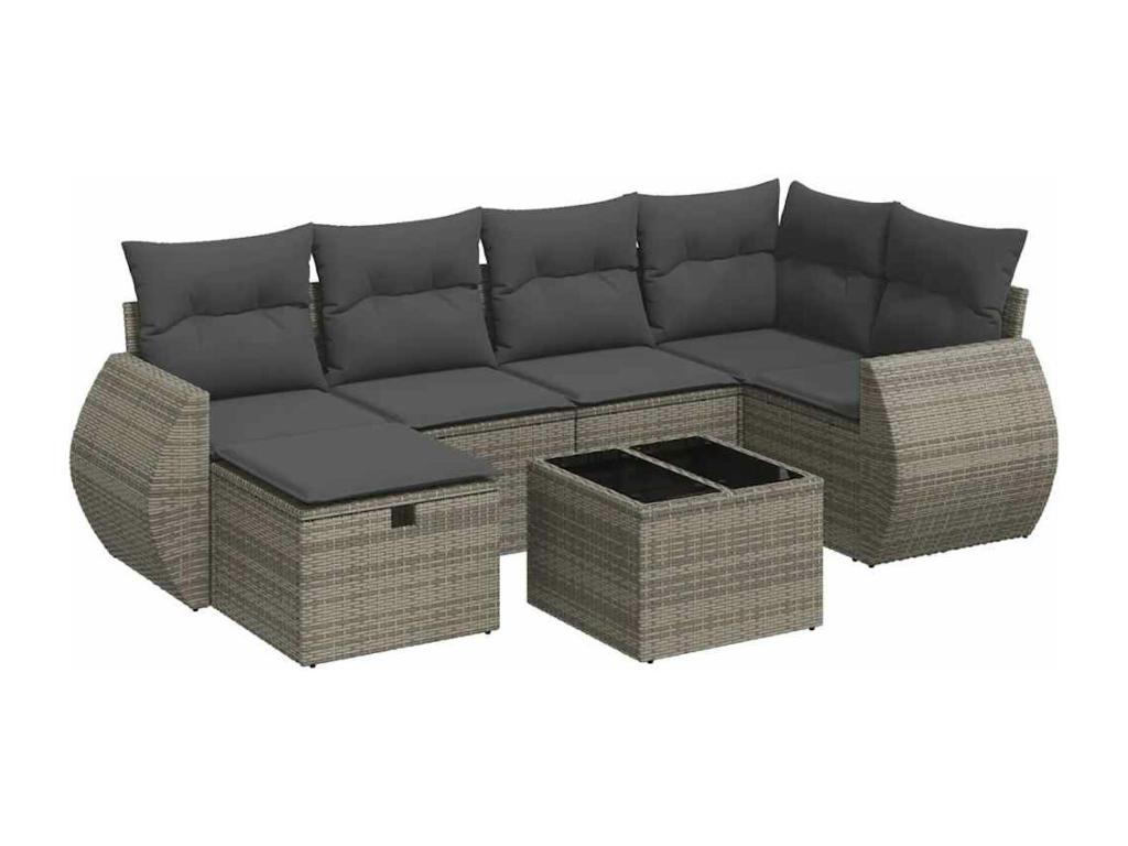 7-piece garden furniture set with cushions, grey woven resin VAPP21750