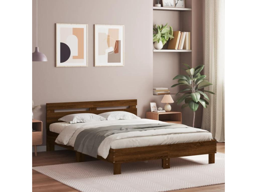Bed frame with headboard and LED lighting, brown oak, 140x190 cm, RIMD55247