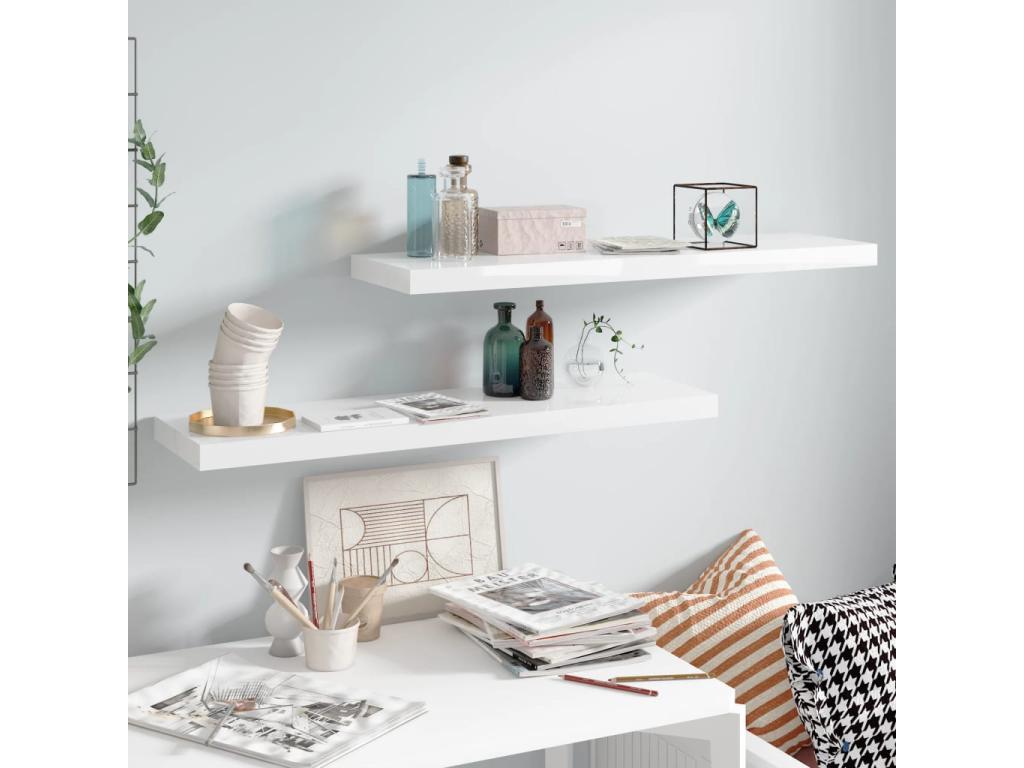 Floating wall shelf, 2 pcs, Glossy white, 90x23.5x3.8cm, MDF, YJUO20816
