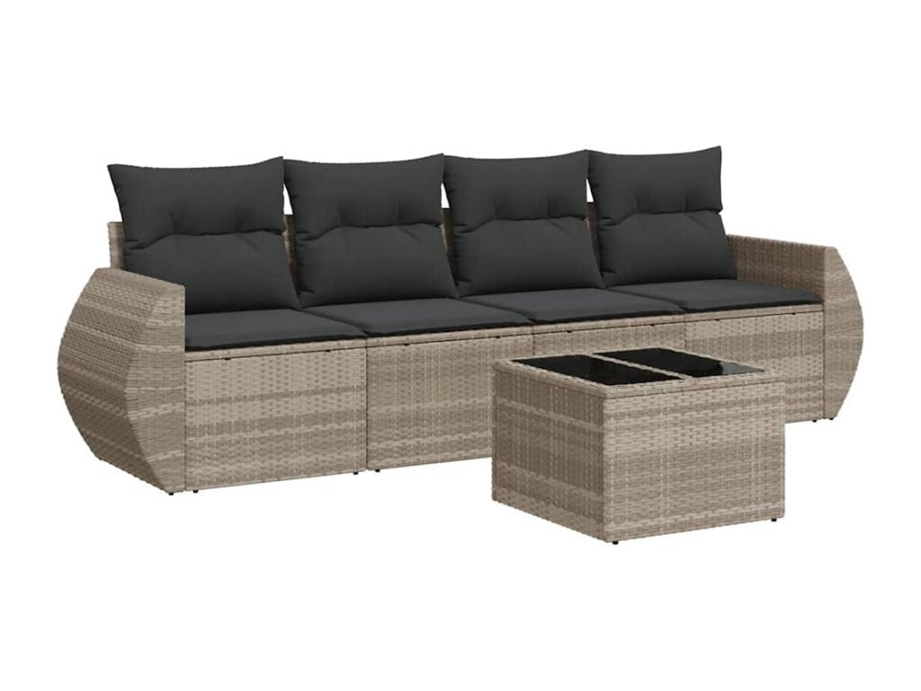 5-piece garden furniture set with light grey cushions, woven resin IAYF75052