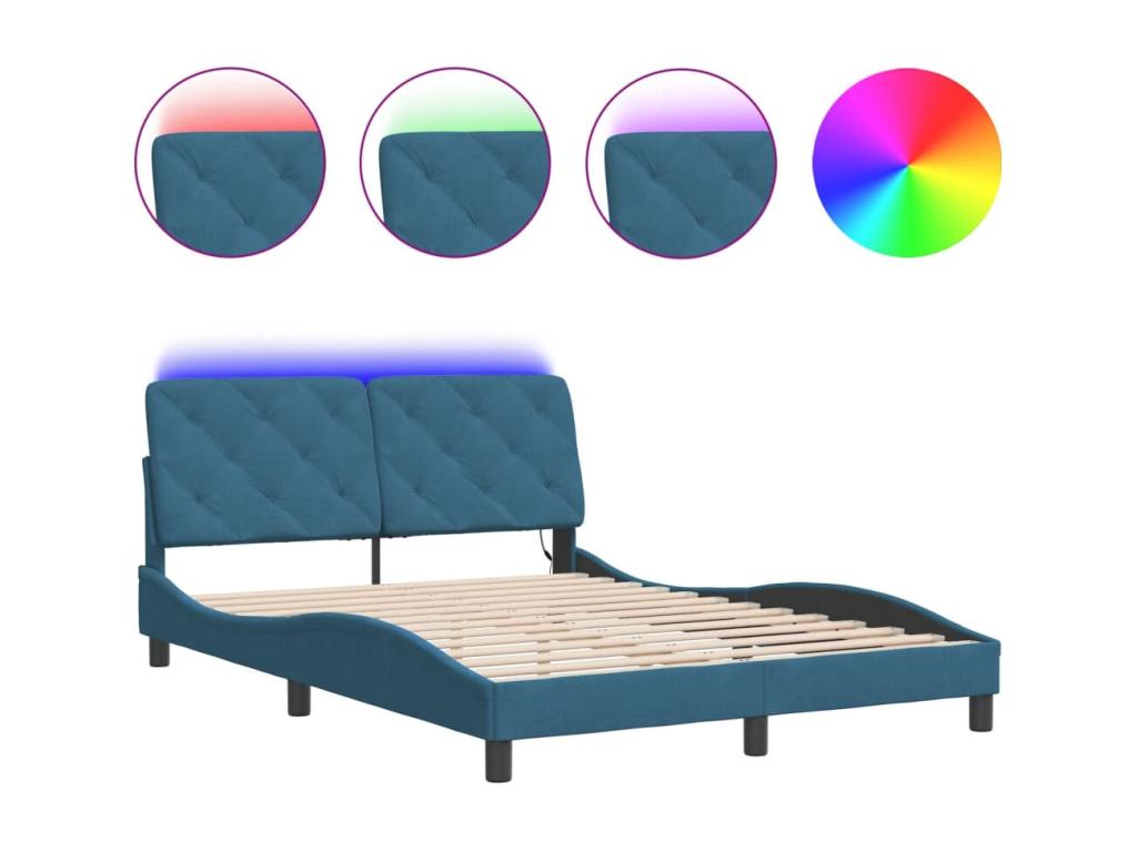 Bed frame with LED lighting, mattress not included, blue, 140x190 cm, velvet, GROF73814