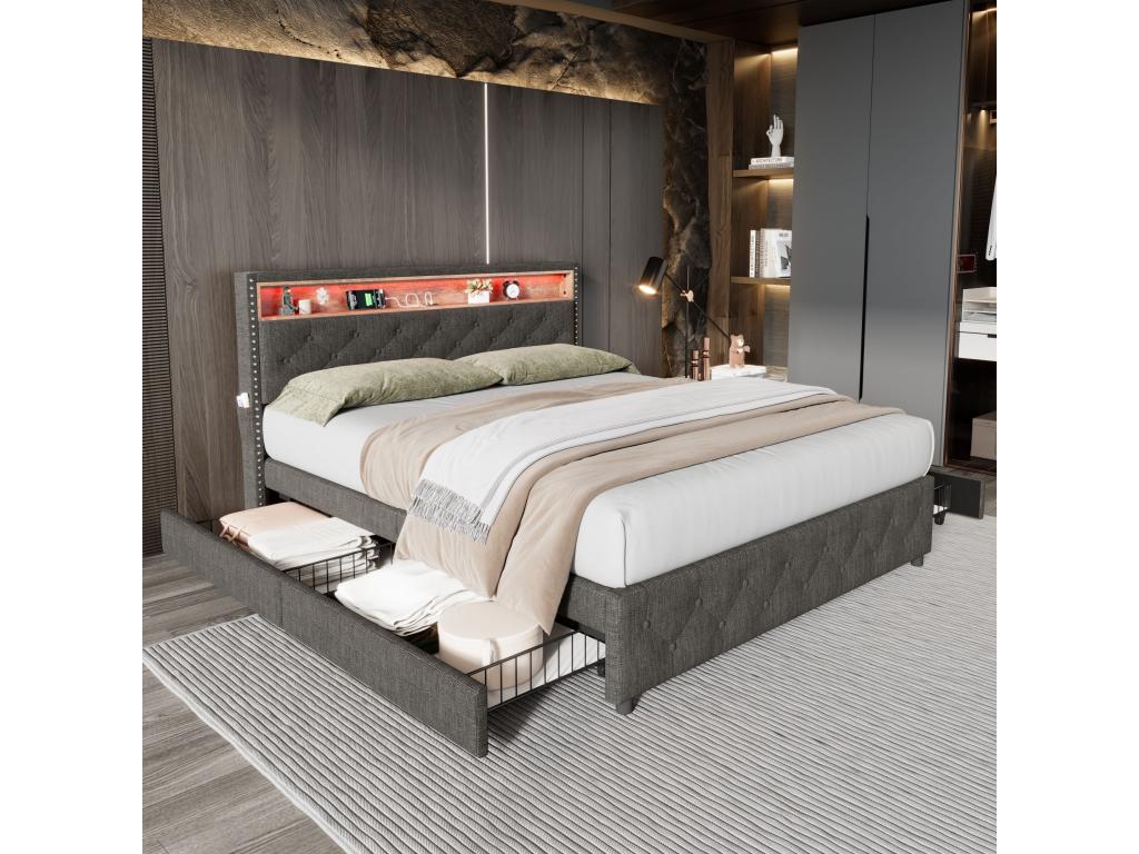 Upholstered bed with 4 drawers and shelf - 160x200 cm - LEDs and USB - Zensova linen - Zensova - grey JXQF81795