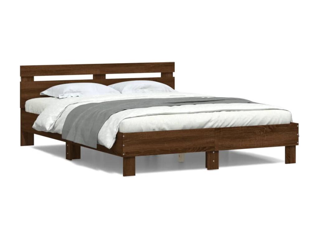 Bed frame with headboard and LED lighting, brown oak, 140x190 cm, RIMD55247