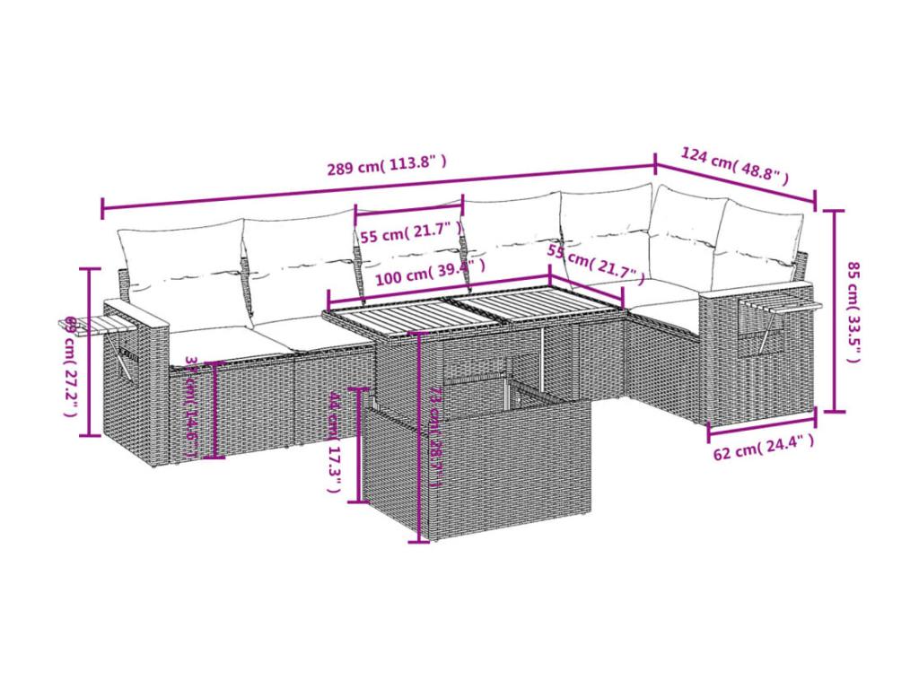 7-piece garden furniture set with cushions, black resin wicker HULQ06779