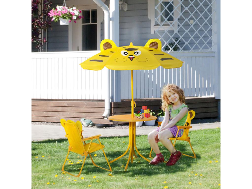 Children's 4-piece tiger design garden furniture set - round table, 2 folding chairs, parasol - Zensova yellow epoxy-coated metal LIZP70254