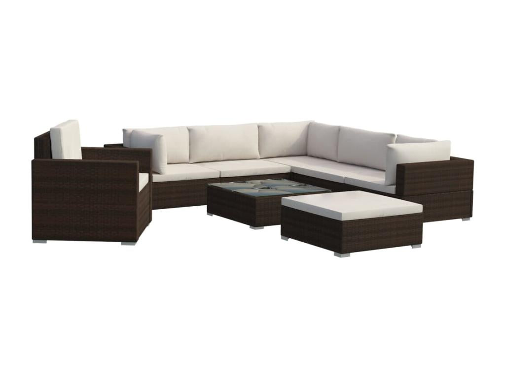 8-piece garden furniture set with cushions, brown woven resin, XFWB94942