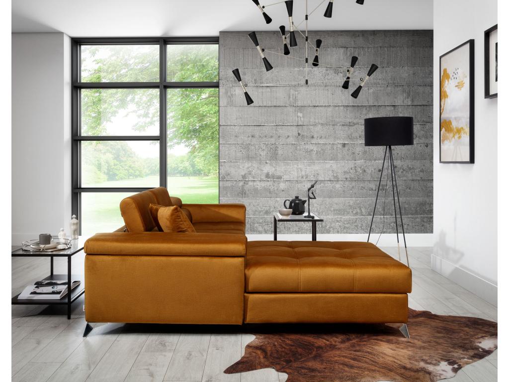 Left-hand corner sofa bed in mottled beige fabric with adjustable headrests, 280cm DKQF64634