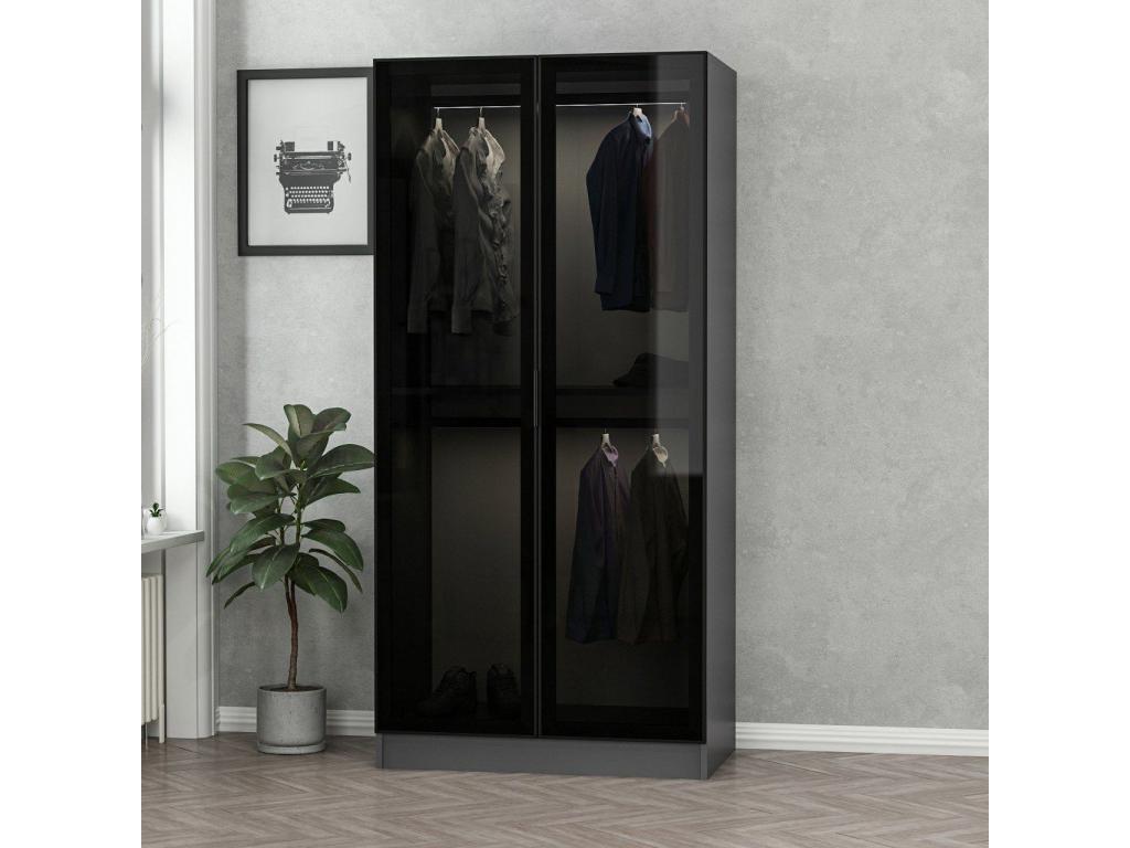 Wardrobe with 2 doors, smoked glass, black, W90xH210cm, 2 hanging rails, anthracite, OJLY58517