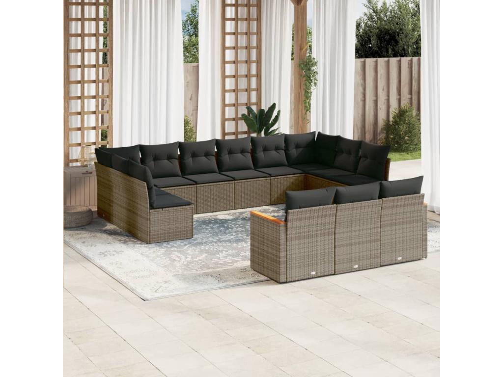 Garden furniture set with cushions, 13 pieces, grey woven resin, UGXE02757