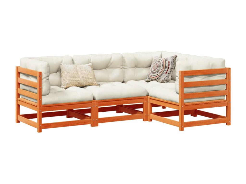 4-piece garden furniture set with cushions, brown wax finish, solid pine wood YYDR52743