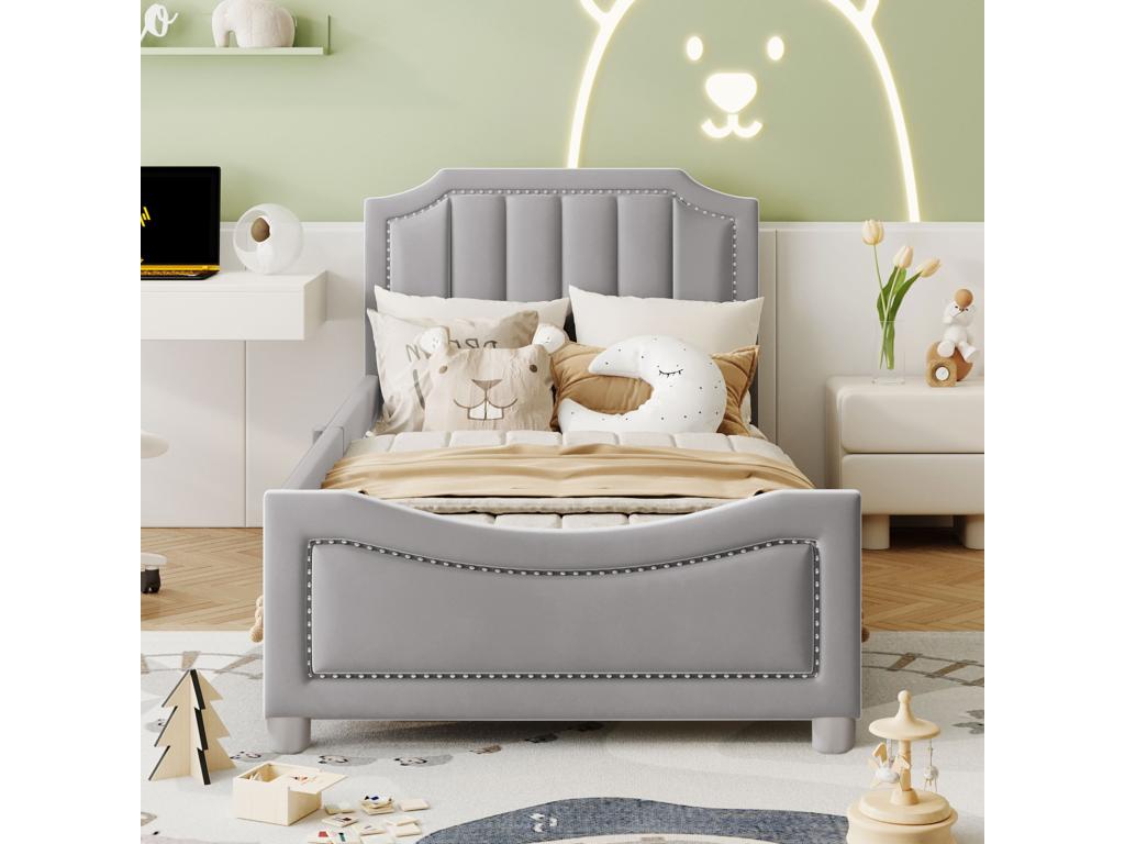 Children's single bed 90x200cm, upholstered in flannel, flat bed with 1 side frame, Zensova fabric and grey headboard BUAV31111