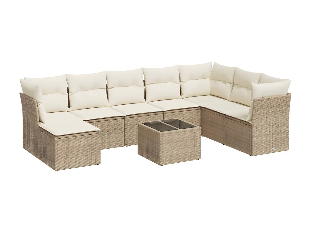 9-piece garden furniture set with cushions, beige woven resin, UJZC96748