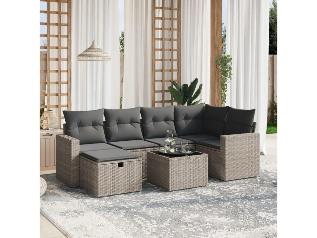 Garden furniture set with cushions, 7 pieces, grey woven resin KUQC25127