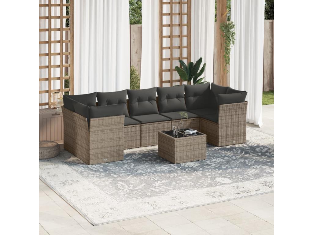 8-piece garden furniture set with grey resin wicker cushions HAUM12153