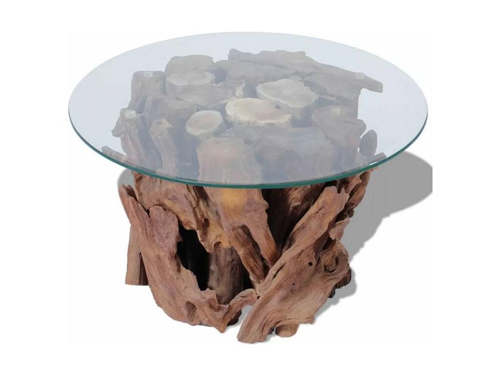 Round coffee table in tempered glass and solid teak, Done MUYK76679