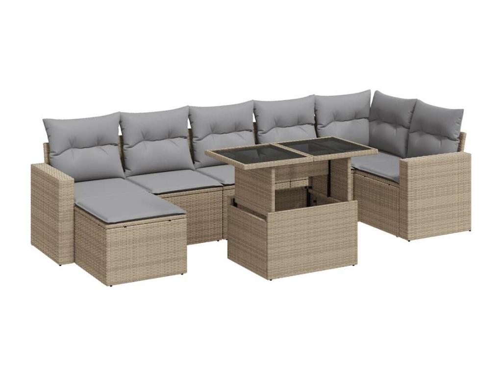 8-piece garden furniture set with cushions, beige woven resin LZEJ58729