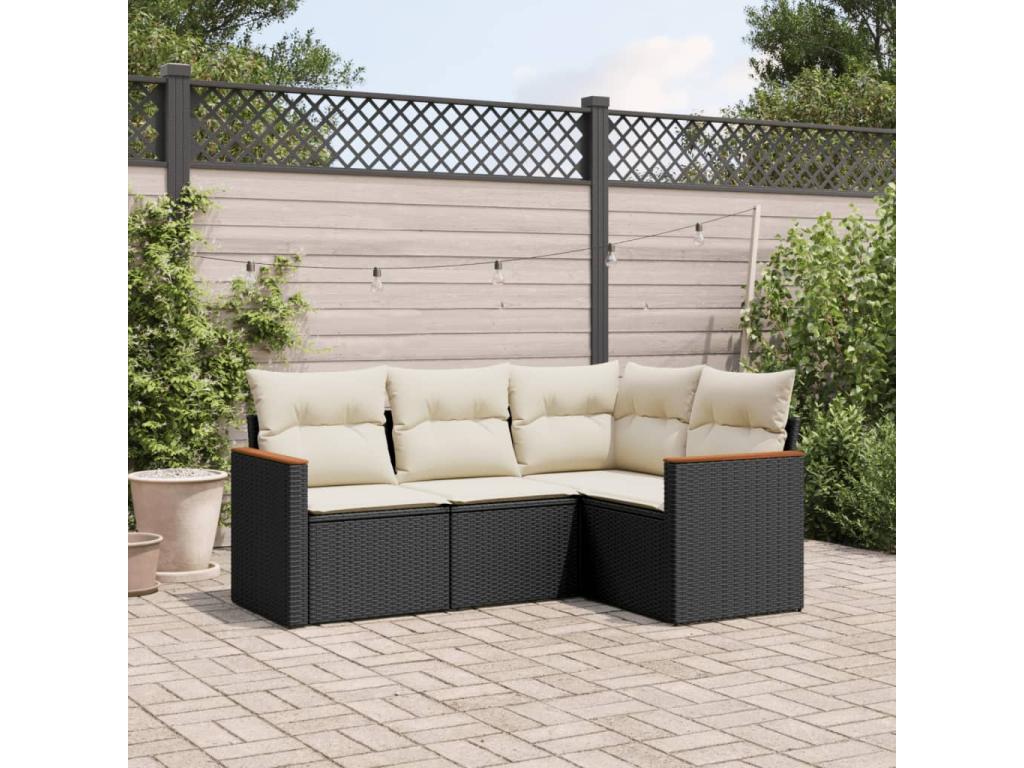 4-piece garden furniture set with cushions, black woven resin UIPN67348