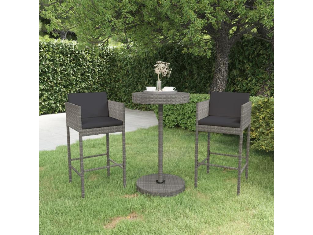 3-piece garden bar set and cushions, Grey woven resin DSHO37843