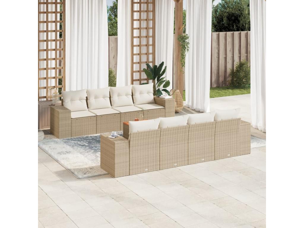9-piece garden furniture set with cushions, beige woven resin PLPW52993