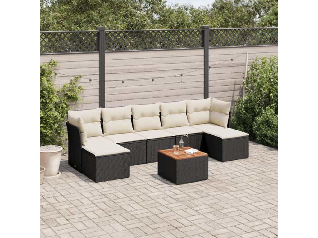 8-piece garden furniture set with cushions, black woven resin JFDW09480