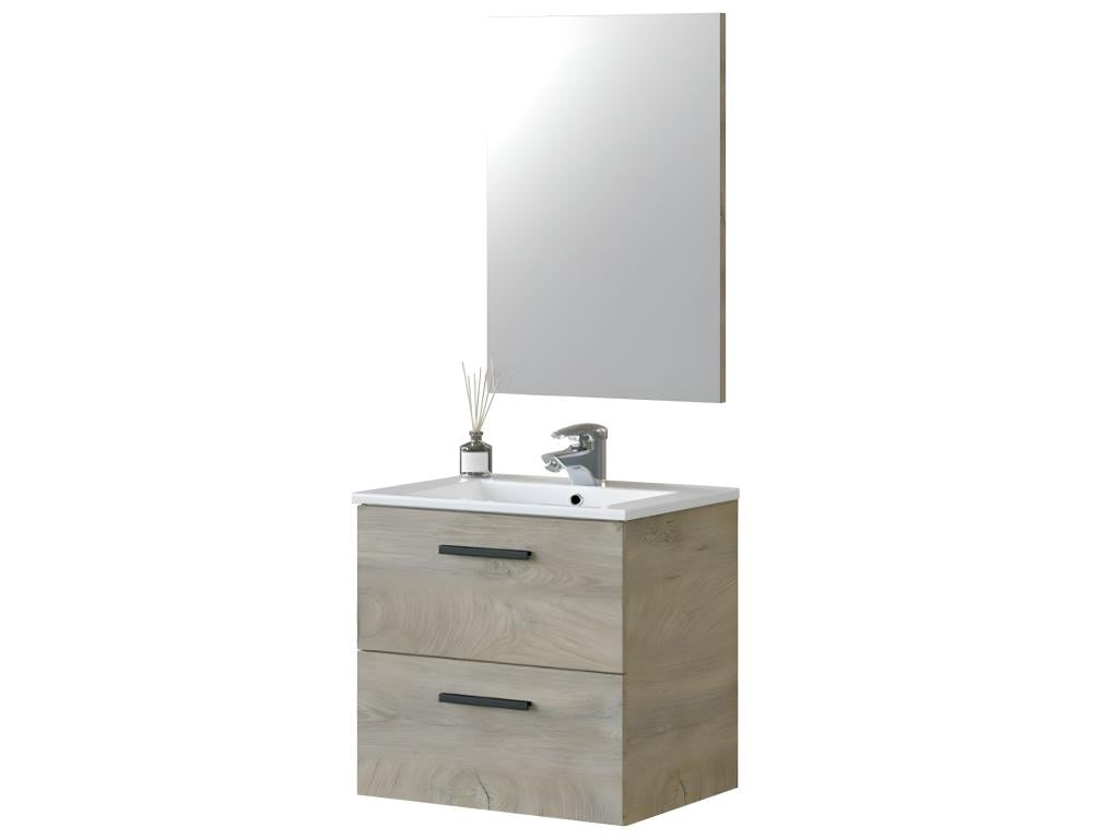Wall-hung bathroom vanity unit, 60 cm, with 2 drawers and mirror - Height 57 x Length 60 x Depth 45 cm KDFS06448