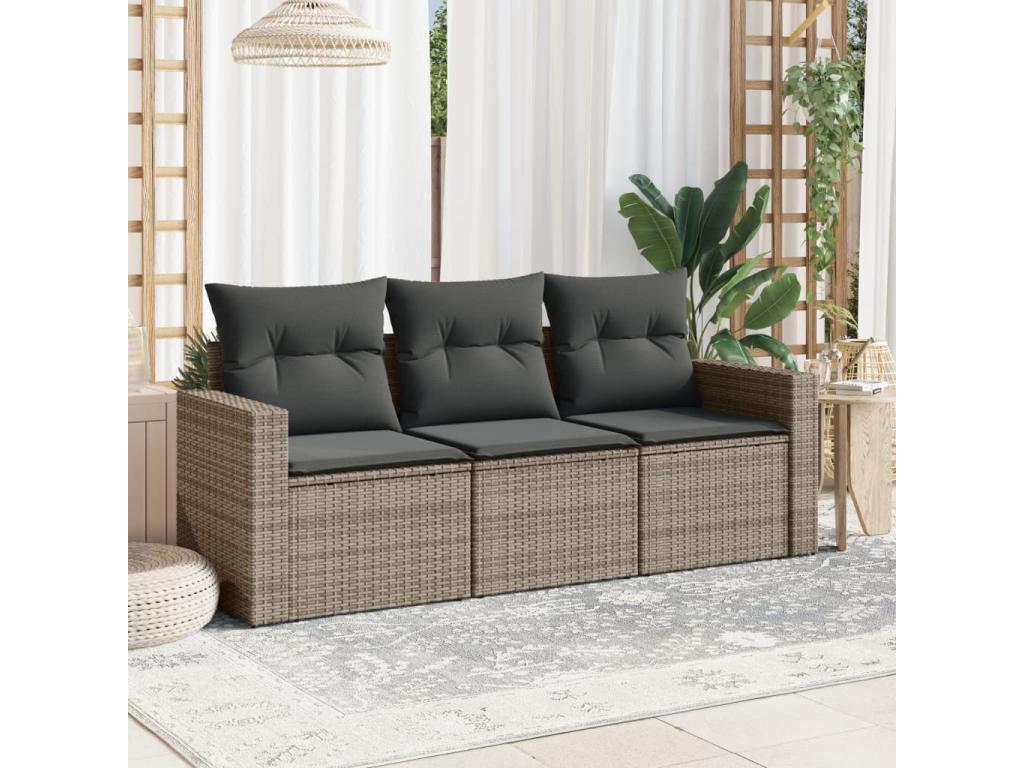 3-piece garden furniture set with cushions, grey woven resin GDJJ45023