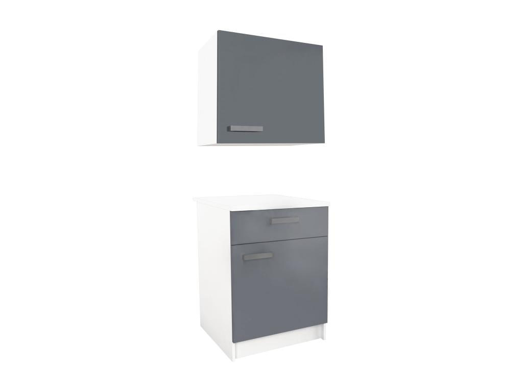 Kitchen cabinets - 1 base cabinet / 1 wall cabinet - 2 doors / 1 drawer - Glossy grey and white - Zensova XAIN50601